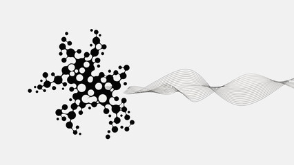 Monochrome molecular network flowing into waveform lines conveying data connectivity and science