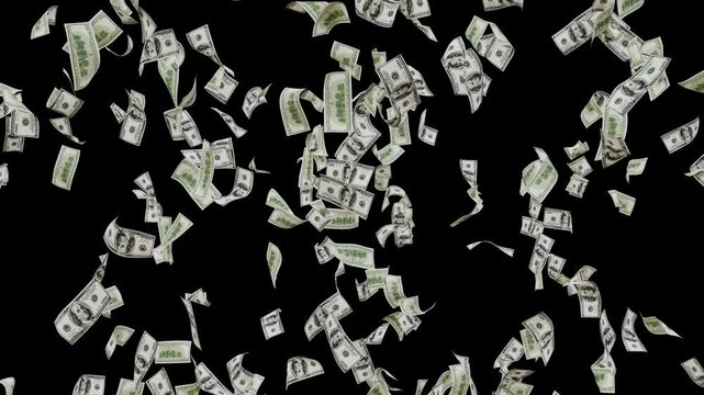 Dollar Banknotes Falling and Flying Animation with alpha chanal background. Money Rain 3D Dollars Falling Loop. USD Cash Flying and Falling Motion