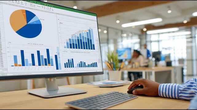 A person's hand uses a mouse to analyze business data visualizations on a computer monitor in a modern office.