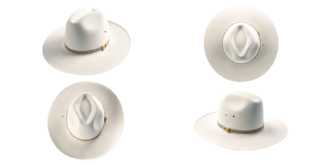 Set of western classic white cowboy hats concept. Stylish white hats displayed from different angles.
