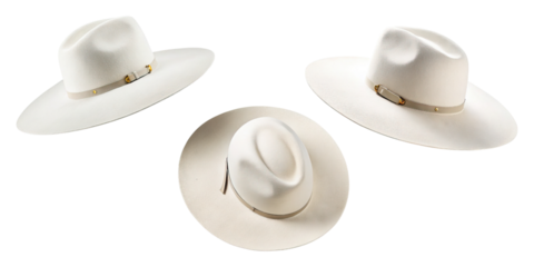 Set of western classic white cowboy hats concept. Stylish white hats in various angles and designs on a white background.