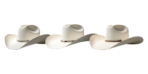 Set of western classic white cowboy hats concept. Three stylish white cowboy hats arranged elegantly.
