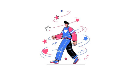 Obraz premium Illustration of a walking person with hearts and stars suggesting happiness or positivity