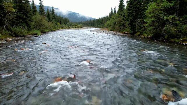 Wild Salmon Swimming Upstream in a Clear Mountain River During the Spawning Run