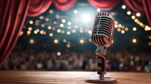 Vintage microphone on a wooden stage, red curtains frame a glittering audience glow with warm bulbs!