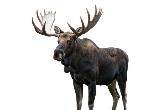 Moose with Large Antlers Standing in White Background