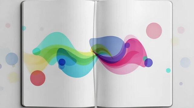 Abstract colorful fluid wave and bokeh circles design flowing across an open notebook, artistic digital graphic for creative concepts and modern art