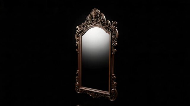 ornate antique mirror with carved detailing displayed against a dark backdrop with subtle