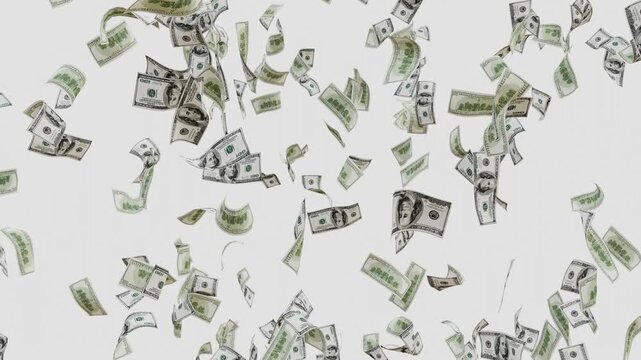 Dollar Banknotes Falling and Flying Animation with alpha chanal background. Money Rain 3D Dollars Falling Loop. USD Cash Flying and Falling Motion