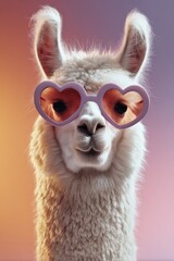 Obraz premium Llama wearing heart-shaped sunglasses poses in a colorful setting with soft light during a playful moment