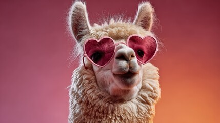 Llama wearing heart-shaped sunglasses in colorful background during a fun photo session