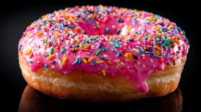 A glossy pink-frosted donut with colorful sprinkles rests on a dark, reflective surface under lights