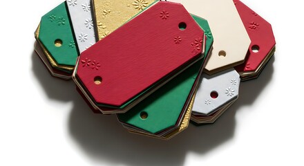 Vibrant Stack of Embossed Christmas Gift Tags in Red, Green, and Gold