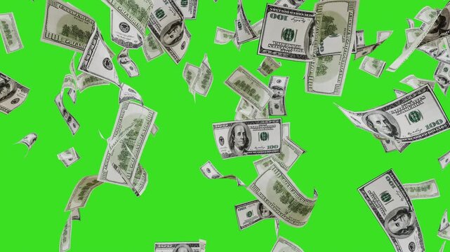 Dollar Banknotes Falling and Flying Animation with alpha chanal background. Money Rain 3D Dollars Falling Loop. USD Cash Flying and Falling Motion