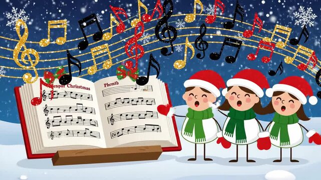 Animated children singing christmas carols with musical notes and snowy background