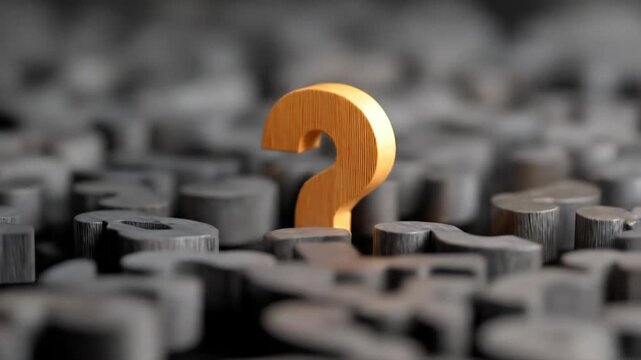 A golden question mark rises among blurred wooden tokens, standing out amid dark discs. in focus now