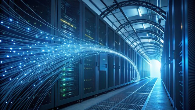 Blue-lit data center with glowing fiber optic cables transferring high-speed data, representing modern networking, bandwidth, and cloud computing.