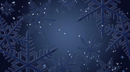 A calming winter scene with delicate blue snowflakes falling on a dark background