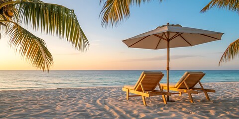 Obraz premium A serene beach scene with palm trees lounge chairs and a sunset