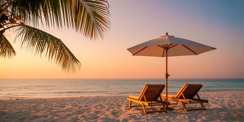 A tranquil beach scene with lounge chairs and a vibrant sunset