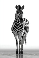 Obraz premium Zebra stands in front of white background during daytime, showing stripes and body structure in clear view