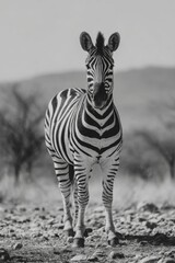 Obraz premium Zebra stands in the open landscape with a backdrop of hills and sparse trees during the day