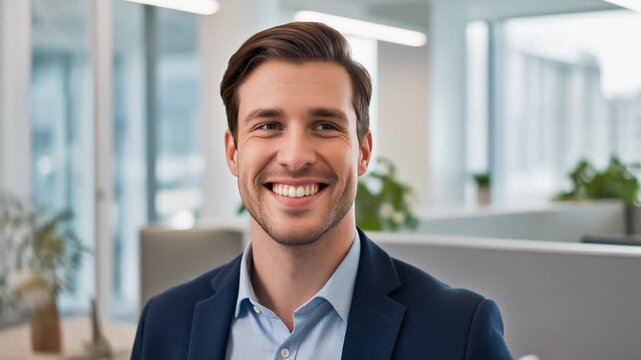 A young, confident businessman smiles brightly in a modern office, exuding professionalism, optimism, and a friendly, approachable demeanor, ready for success.