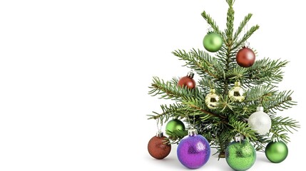 Small decorated Christmas tree with colorful ornaments on a white background