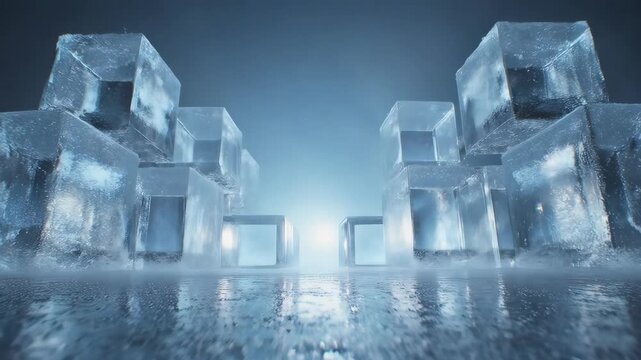 Abstract composition of ice cube structures in blue tone, with light