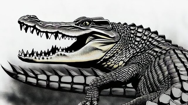 Detailed monochrome depiction of a crocodile with open jaws