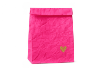Bright pink crumpled paper bag with a golden heart sticker, delivering gifts, love, and sweet treats on transparent background