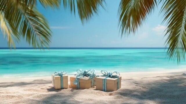 Sunlit turquoise sea, white sand, palm-fringed canopy, 3 pastel gift boxes tied with ribbons around!