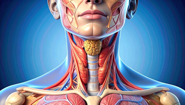 Human neck anatomy thyroid gland and blood vessels.
