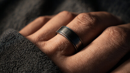 man modeling a wedding band, ring