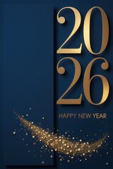 Golden new year 2026 celebration with glittering sparkles and dark blue backdrop