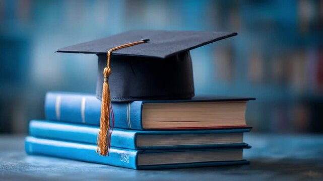 A graduation cap sits atop a stack of blue hardcover books against a tranquil blue library backdrop