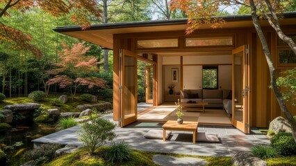 Naklejka premium Traditional Japanese House with Lush Garden and Autumn Foliage.