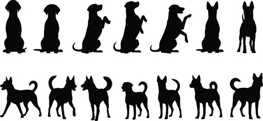 Variety of dog silhouettes in different poses like sitting, begging, and walking, a versatile collection illustrating canine training, behavior, and various types of domestic pet animals. © Mdjoshel 