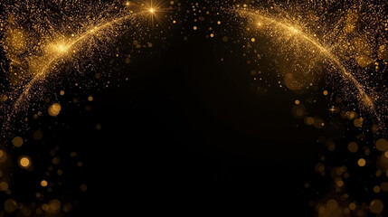 Golden Glitter Particle Arch Background with Bokeh Lights and Sparkling Starburst Flares
