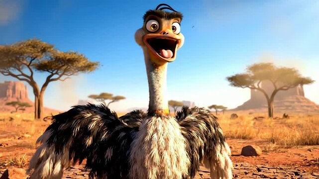 3D animated funny ostrich character screams loudly in a hot desert landscape