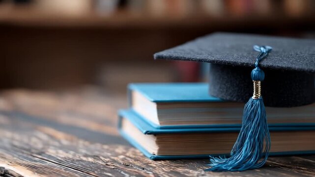 Blue tassel on a mortarboard atop stacked books on a weathered wooden table scholarly calm focused