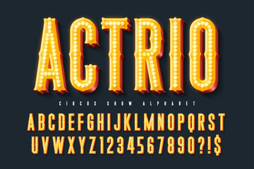 Retro marquee show alphabet design, circus, fairy LED lamps letters and numbers.