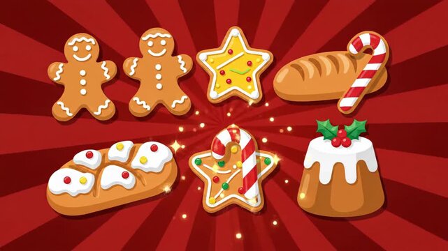 Festive baked goods assortment on red background for holiday season