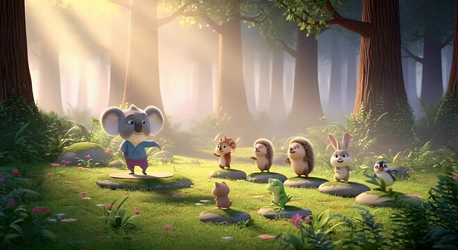 Cartoon forest animals dancing joyfully in sunlight