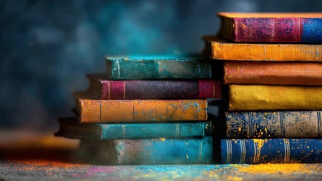 Two stacked, dust-dusted hardcover books in vivid colors against a moody, dark backdrop. under dusk