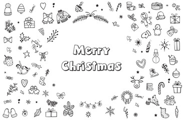 A large set of black and white simple icons of linear festive New Year's Christmas things vector illustration