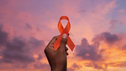 A hand displaying an orange ribbon, symbolizing awareness for health causes, environmental issues, or social justice