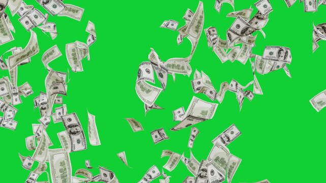 Dollar Banknotes Falling and Flying Animation with alpha chanal background. Money Rain 3D Dollars Falling Loop. USD Cash Flying and Falling Motion