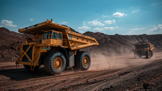 Heavy equipment in motion at a construction site, with dust rising from mining trucks, symbolizing construction power