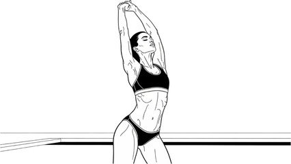 Athletic Woman Stretching Before Swim – Sporty Bikini Black Line Art Illustration